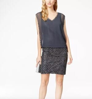 J Kara Gray Blue Grey Chiffon Beaded Blouson Mini Cocktail Wedding Guest Dress 6